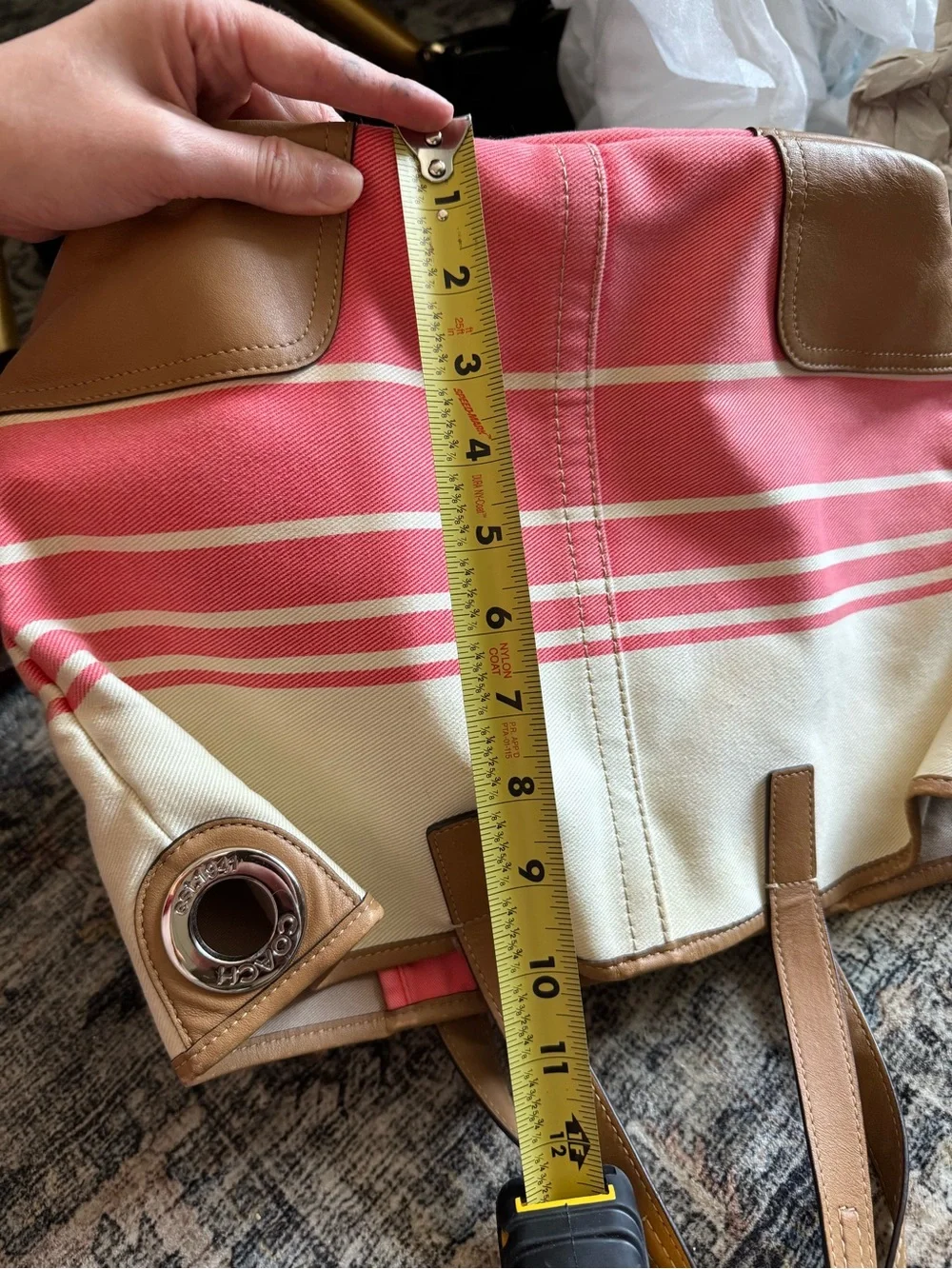 Coach Pink and Cream Canvas Stripe Tote with Tan Leather Trim